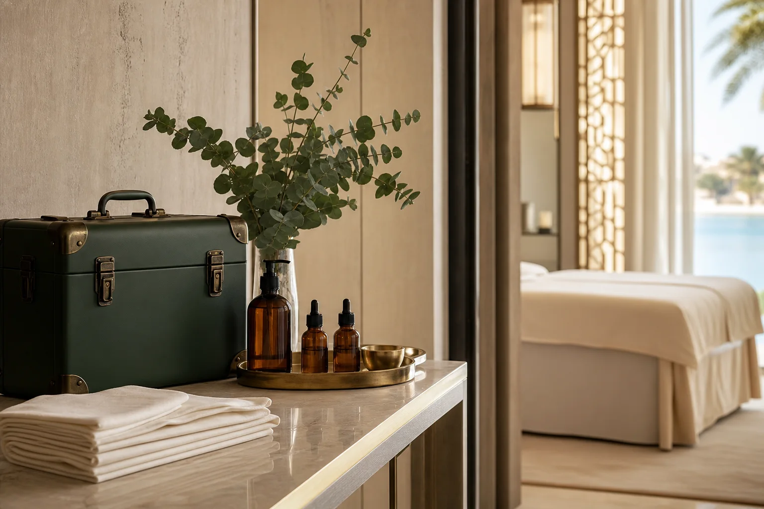 Professional mobile wellness equipment prepared in a hotel suite