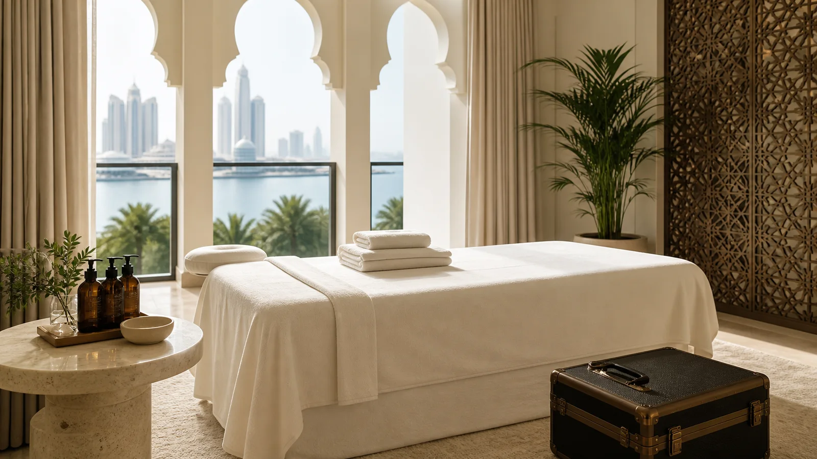 Fully covered massage table, towels, oils and professional case